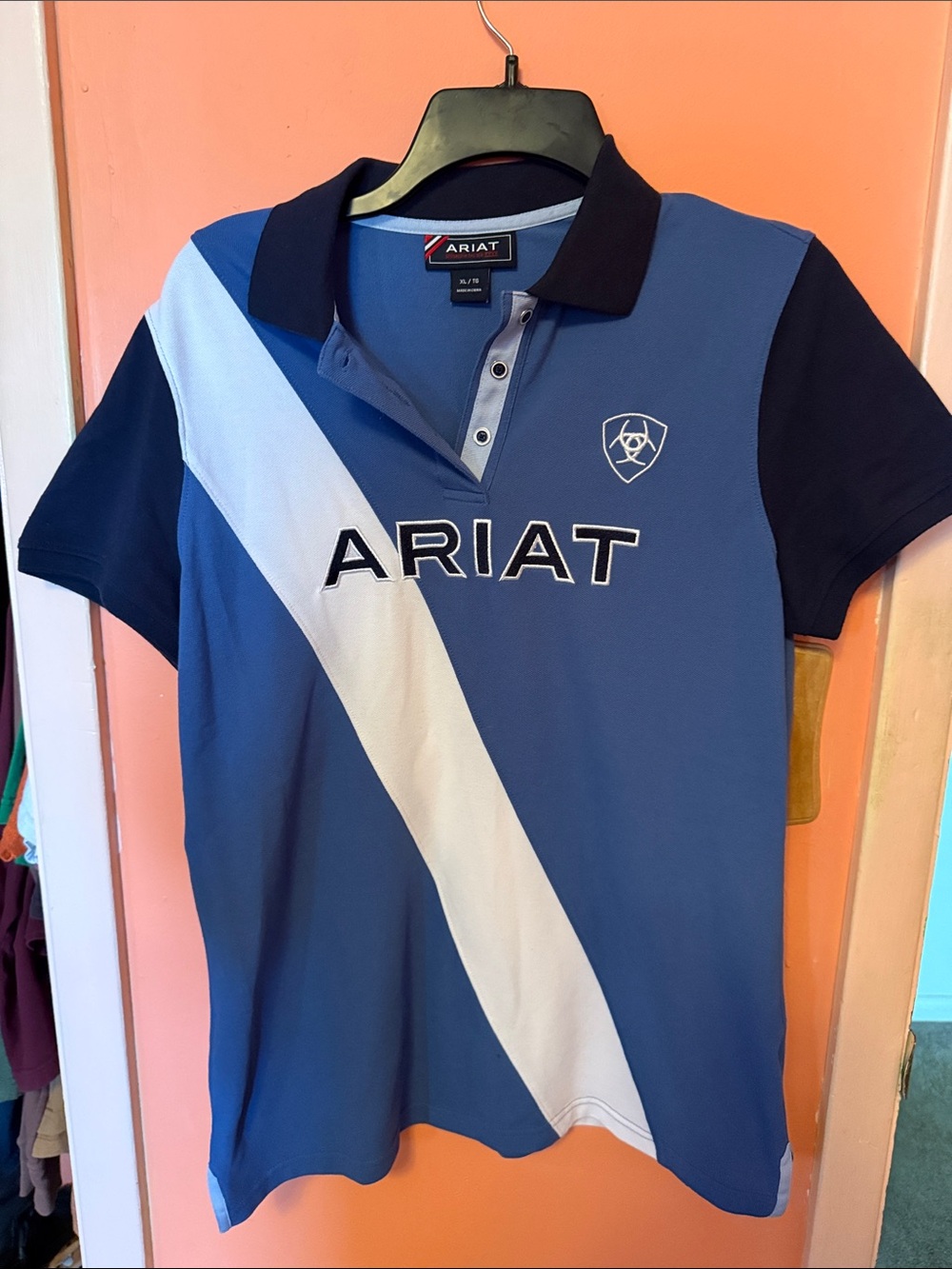 Ariat Blue Polo with White Diagonal Stripe and Navy Accents